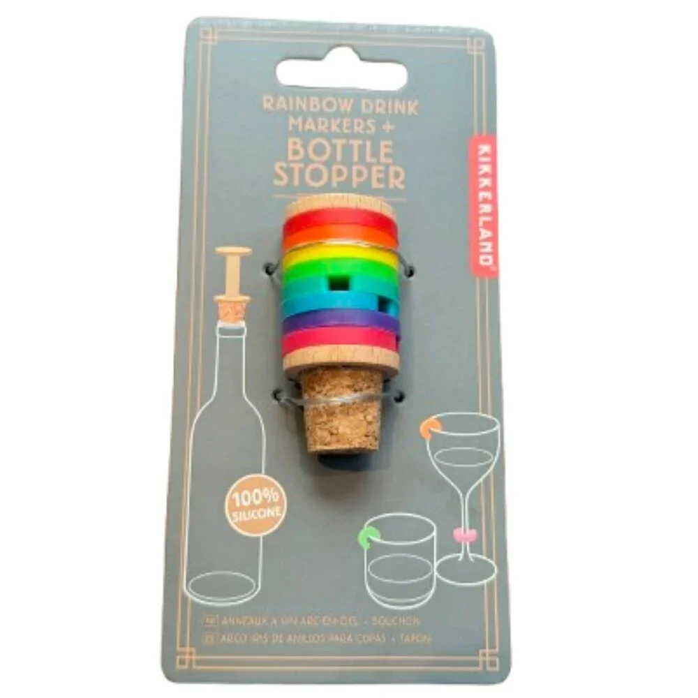 NEW Kikkerland Rainbow Drink Markers & Bottle Stopper Silicone